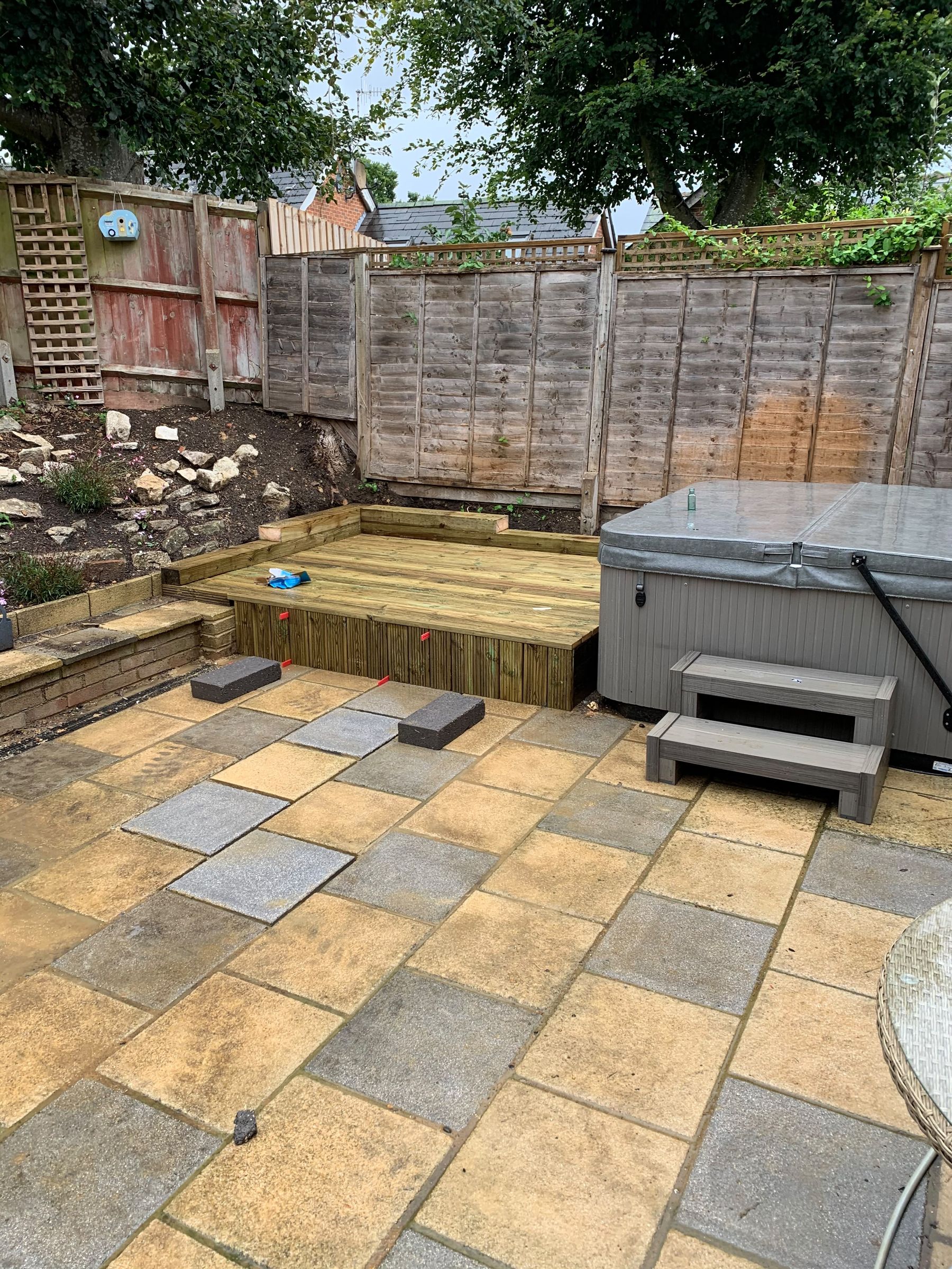 Patio and decking with hot tub
